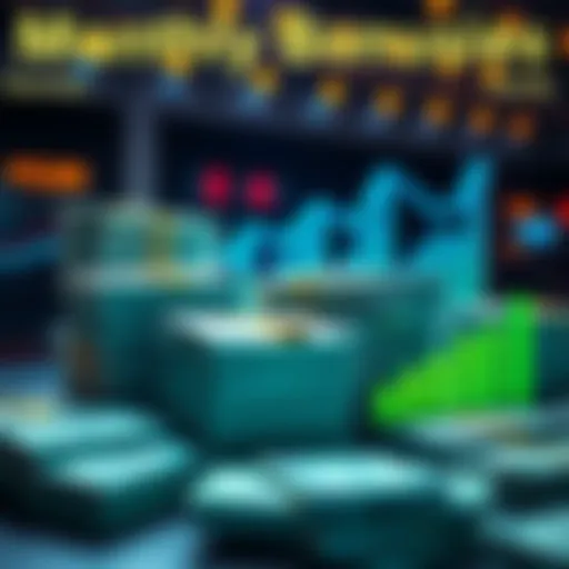 A graphical representation of monthly bonuses showing stacks of money and charts indicating rising amounts