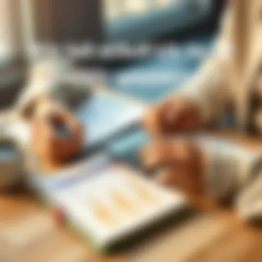 A person calculating monthly expenses with a calculator, notebook, and coffee on a table