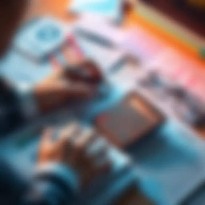 A person reviewing monthly expenses on a calculator and notebook, surrounded by financial documents.