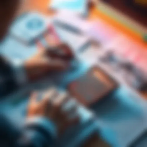 Monthly Budget Planning A person reviewing monthly expenses on a calculator and notebook, surrounded by financial documents.