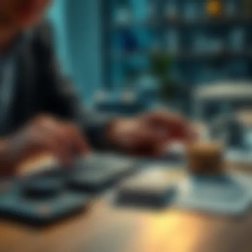 A person calculating monthly expenses with a calculator and paperwork on a table.