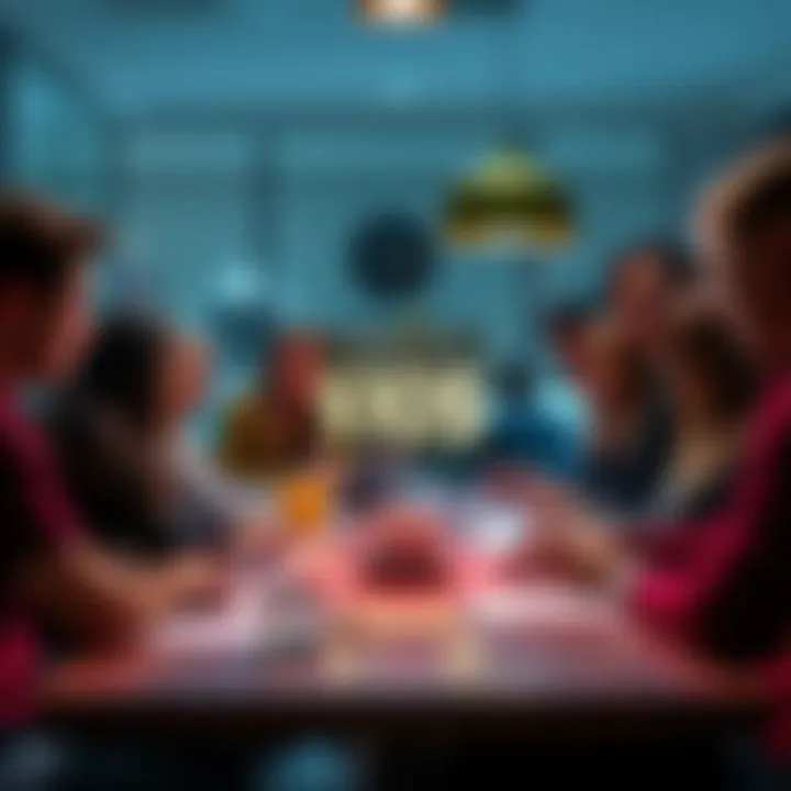 A group of people gathering around a table, discussing and guessing monthly expenses, with a $10 prize displayed in the center.