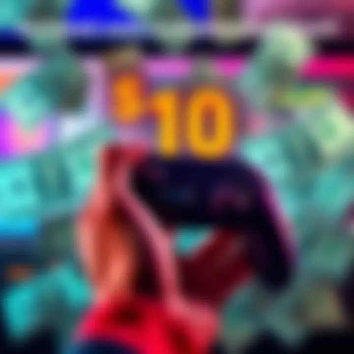 A person's hand holding a gaming controller, thinking about a game to guess for a prize, with dollar bills in the background