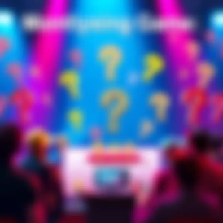 A colorful representation of people guessing a monthly amount for a $10 prize, featuring question marks and dollar signs.