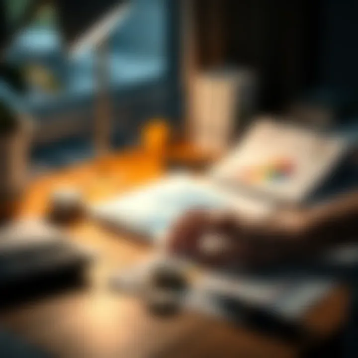 A person calculating their monthly income with charts and factors on a desk.