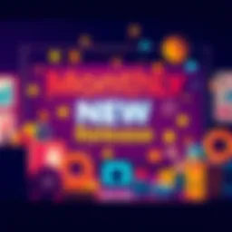 A vibrant graphic showcasing new monthly product drops with cheerful colors and icons representing excitement and anticipation.