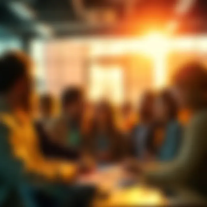 A group of people eagerly discussing monthly payments and expectations in a bright setting