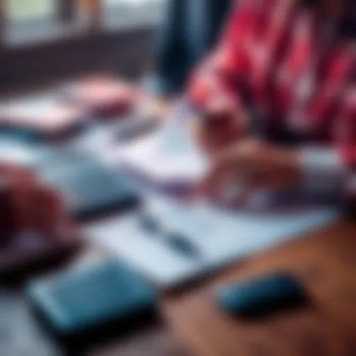 A person reviewing financial documents with a calculator and monthly bills on a table