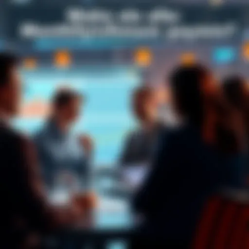 People discussing the rising interest in monthly payment inquiries, with charts and graphs in the background