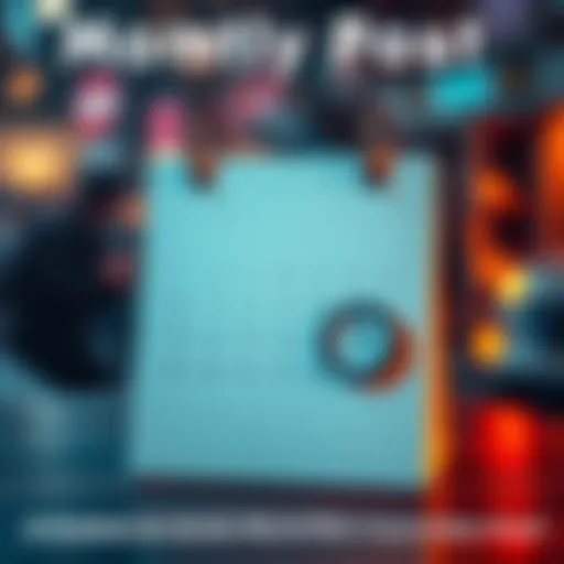 A calendar page indicating a new monthly post is coming, with a question mark and a clock icon to suggest anticipation.