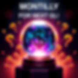 A colorful graphic showing a crystal ball with a dollar sign, symbolizing the monthly prediction event and the $10 wager, surrounded by question marks about who the next GL will be.