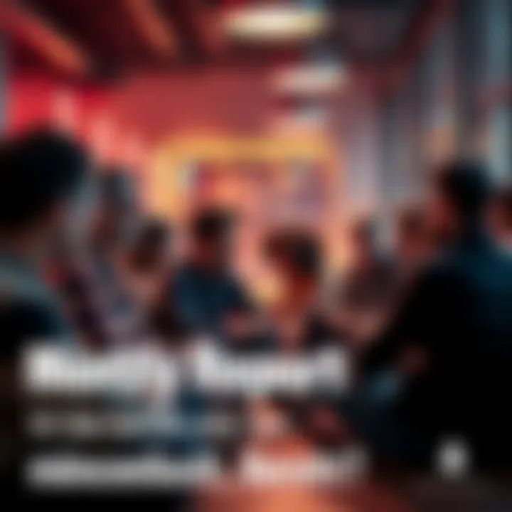 Monthly Report Speculation A group of people discussing rumors about a monthly report in a casual setting.