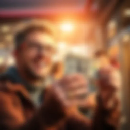 A person holding cash and smiling, representing the concept of monthly rewards and free money.