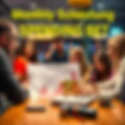 Monthly Spending Bet A group of people discussing their monthly expenses with a chart and a $10 tip reward on the table.