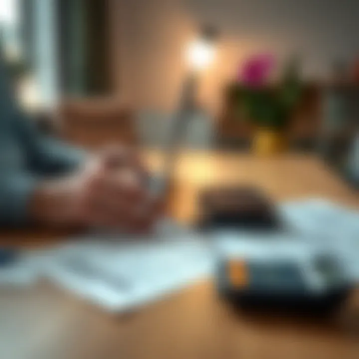 A person checking eligibility for monthly financial support on a laptop, with paperwork and a calculator on the table.