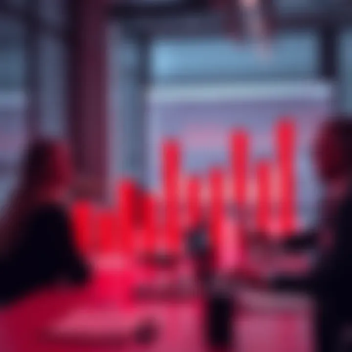 A bar graph showing monthly data trends with surprising results highlighted in red. Experts analyzing the numbers at a desk with laptops.