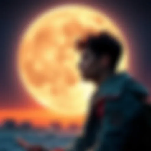 A person contemplating a gameplay strategy with a moon backdrop, symbolizing ambition and planning.