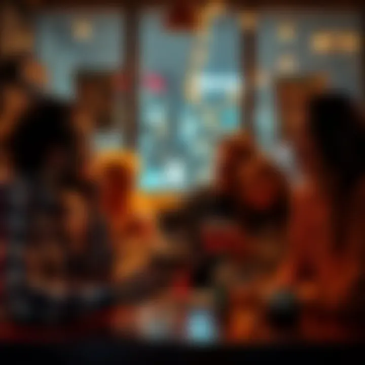 People sharing funny and shocking stories after a wild night out, sitting together in a cozy setting with drinks and laughter.