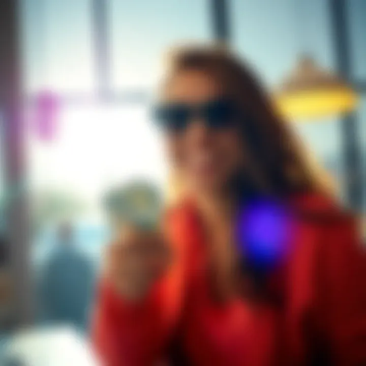 A happy person celebrating their cashout winnings from a gaming session, showing a cash amount in their hand with a bright morning background.