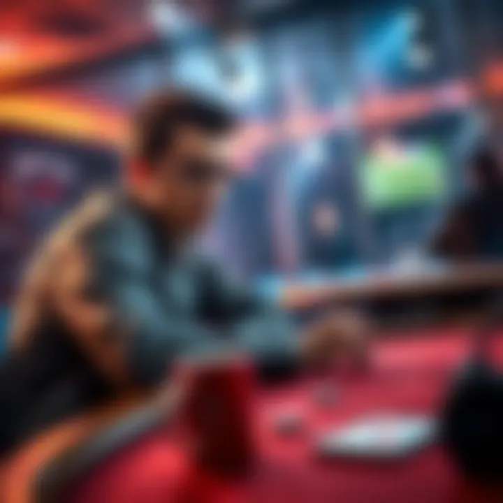 A person sitting at a early morning poker table, focused and engaged in the game with a coffee cup nearby.