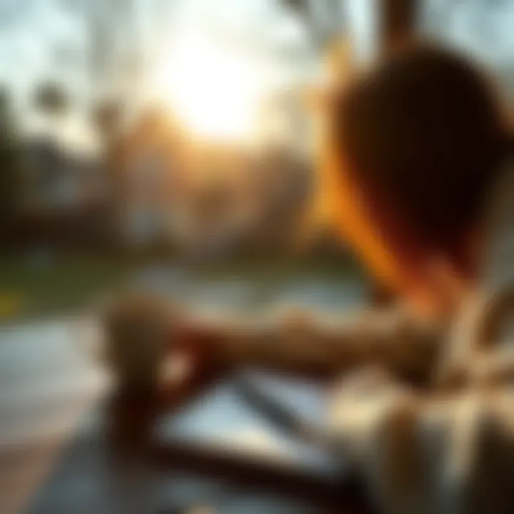 A person enjoying coffee while writing goals in a notepad in the morning sun