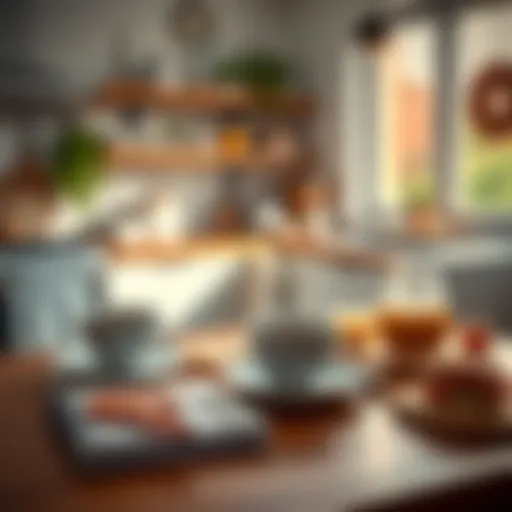 A bright kitchen with a steaming cup of coffee, a healthy breakfast, and a planner on the table, symbolizing a productive morning routine.