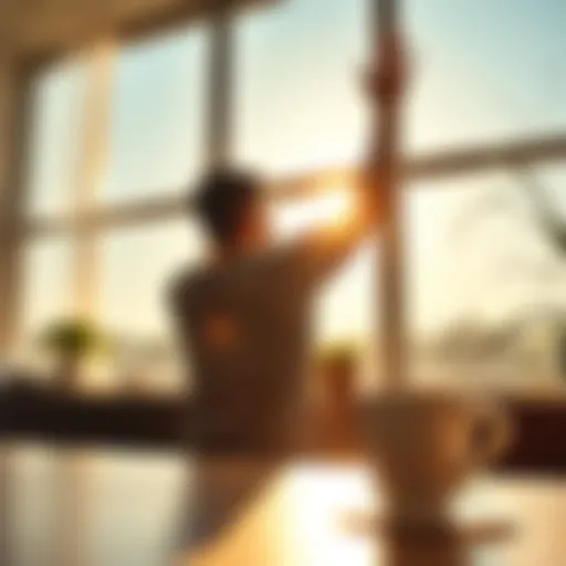 A person stretching in the morning sunlight with a cup of coffee on a table nearby.