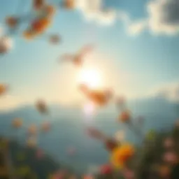 Morning sunshine A bright sunrise over a peaceful landscape with birds chirping and flowers blooming, symbolizing a fresh start to the day.