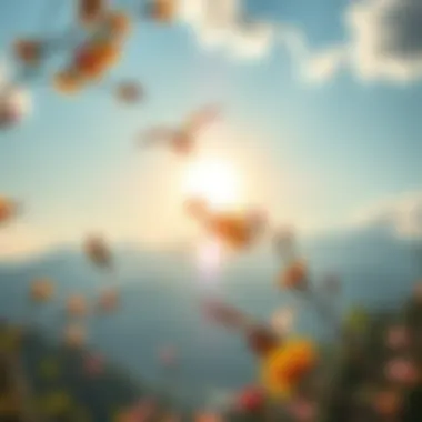 Morning sunshine A bright sunrise over a peaceful landscape with birds chirping and flowers blooming, symbolizing a fresh start to the day.