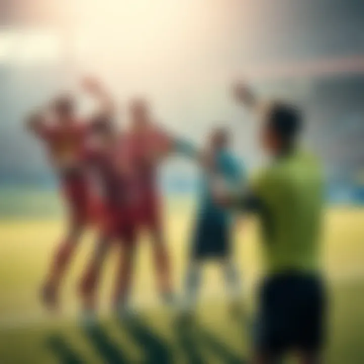 Morocco Soccer Team Victory Moroccan soccer players celebrating a goal against France with an Argentinian referee overseeing the match.