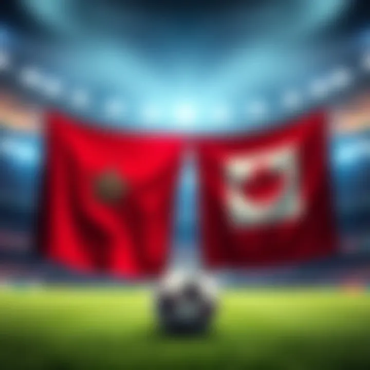 Morocco vs Canada Match Preview A soccer field with the flags of Morocco and Canada displayed, highlighting the upcoming match with odds of -140 for Morocco.