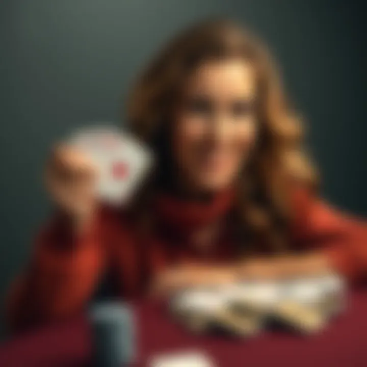 A smiling mother holding playing cards, excited after achieving a Straight Draw in 5 Card Draw poker, with cards spread on the table.