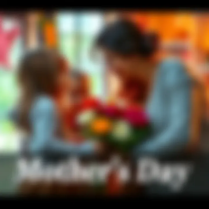 A family gathering with children giving flowers to their mother for Mother's Day.