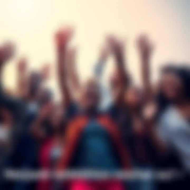 A group of diverse people energetically collaborating and tackling challenges together, filled with determination and positivity