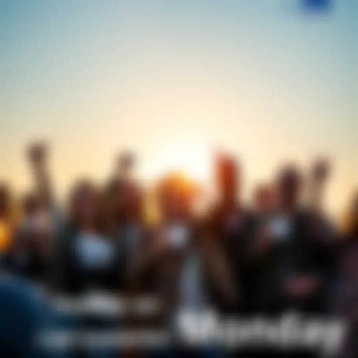 A bright sunrise with people celebrating the start of a new week, holding coffee cups and smiling, radiating positive energy.