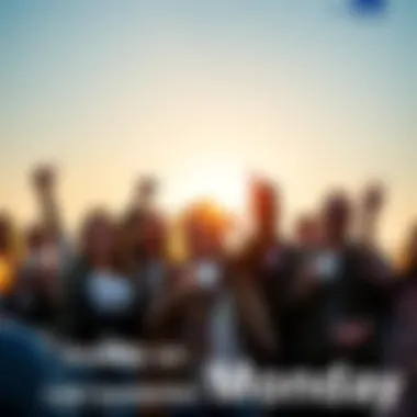 Motivational Monday A bright sunrise with people celebrating the start of a new week, holding coffee cups and smiling, radiating positive energy.