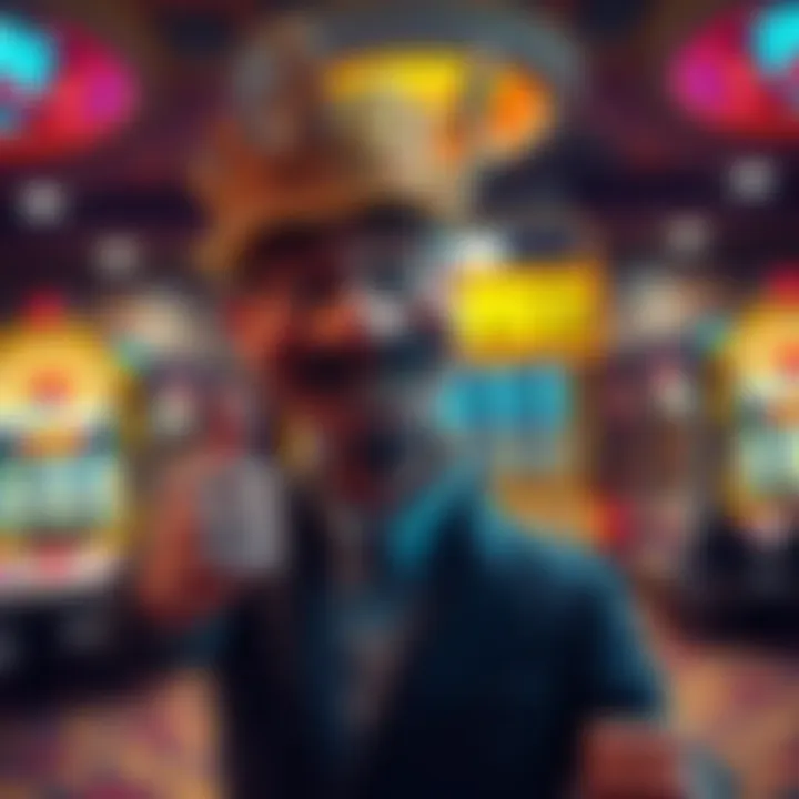 Mr. Hand Pay with a big smile holding a jackpot ticket, celebrating his success in front of a casino setting