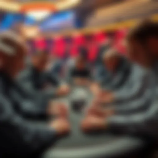 A group of players at a poker table, focused on their cards during a Multi-Table Tournament.