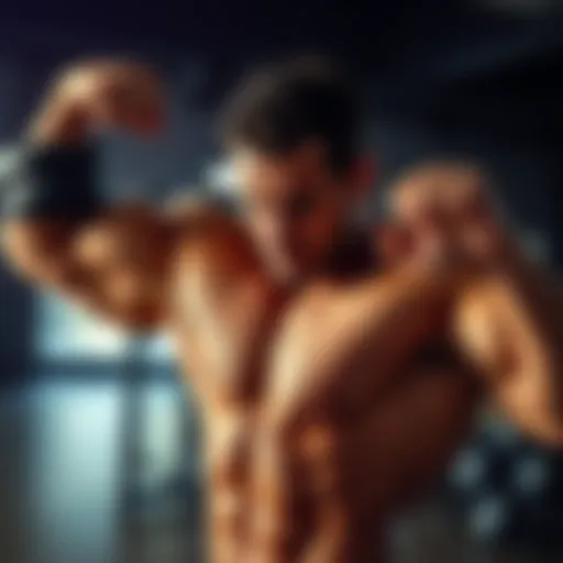 A strong individual flexing muscles while lifting weights, showing determination amidst emotional pain