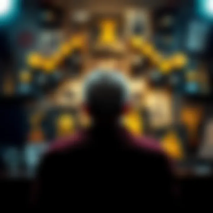 A person reflecting on their past music hit, surrounded by awards and photos from their career, depicting both struggles and achievements.