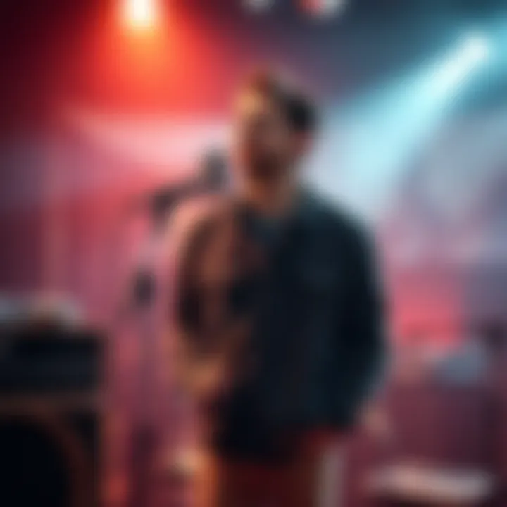 A musician standing in front of a microphone, looking hopeful yet contemplative while surrounded by music notes and equipment, symbolizing the challenges of creating a hit song.