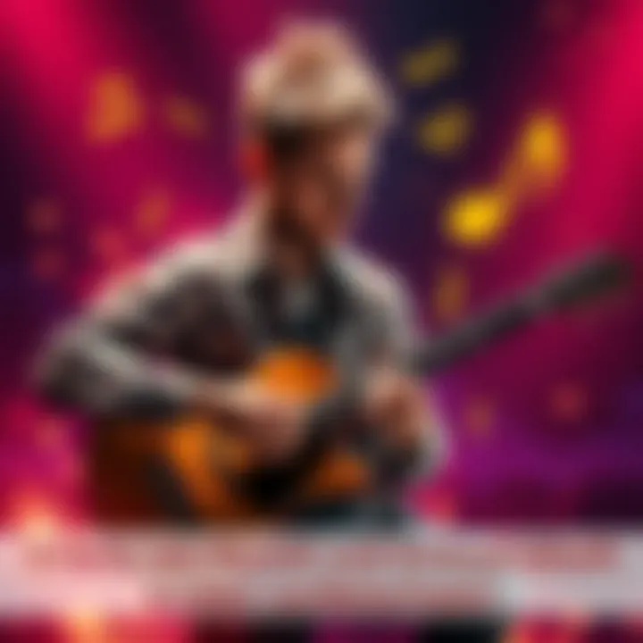 A determined musician playing guitar, surrounded by inspiring notes and symbols, symbolizing hope and resilience.