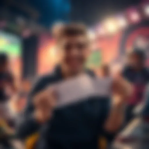 A person celebrating their first win on a parlay bet, showing a joyful expression and holding a betting slip, surrounded by sports memorabilia.
