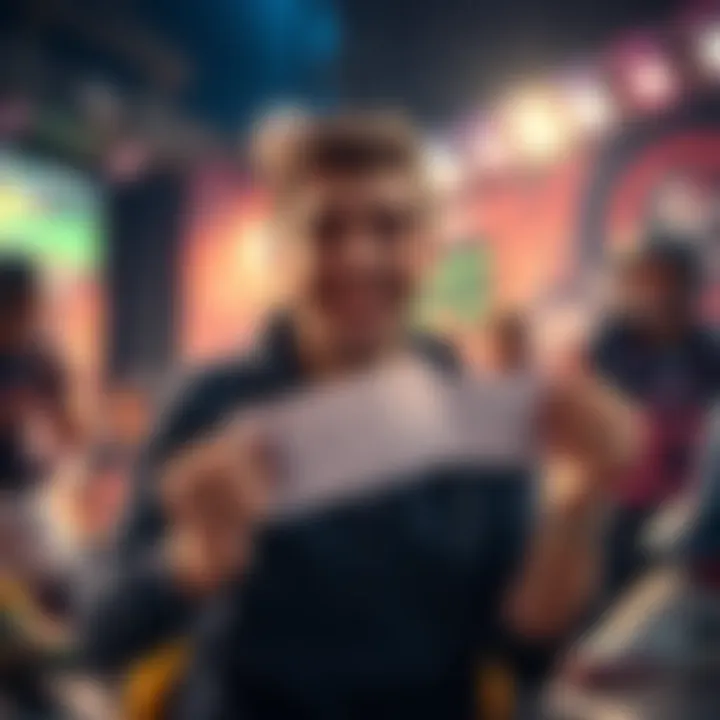 A person celebrating their first win on a parlay bet, showing a joyful expression and holding a betting slip, surrounded by sports memorabilia.