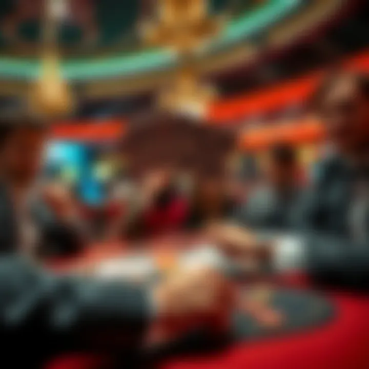 A dealer showing a card deck in a Las Vegas casino, with players looking excited and anxious about their bets.