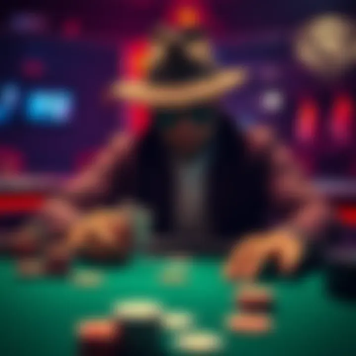 A poker player wearing sunglasses and a hat sits at a table with cards in hand, surrounded by chips, creating an air of secrecy.