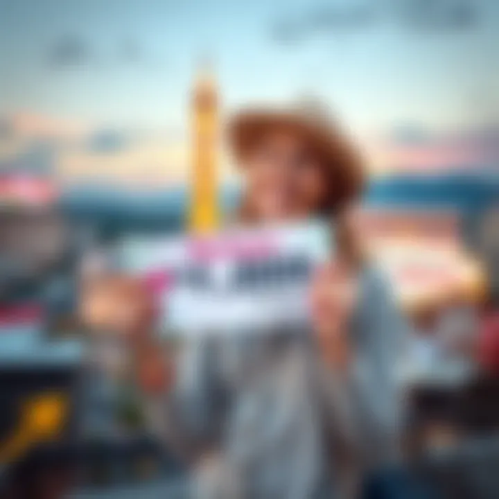 A happy traveler holding a $1,000 savings voucher from MyVegas, with a scenic view of Las Vegas in the background.
