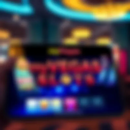 A colorful display of myVEGAS Slots game on an iOS device with virtual slot machines and symbols.