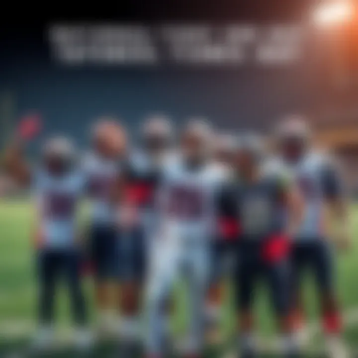 A group of football players celebrating National Tight End Day on the field, wearing team jerseys and smiling, with a football in the background.