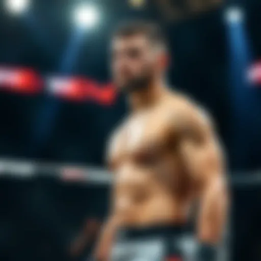 Naurdiev in fight gear, looking determined and focused, standing in the octagon before a match.